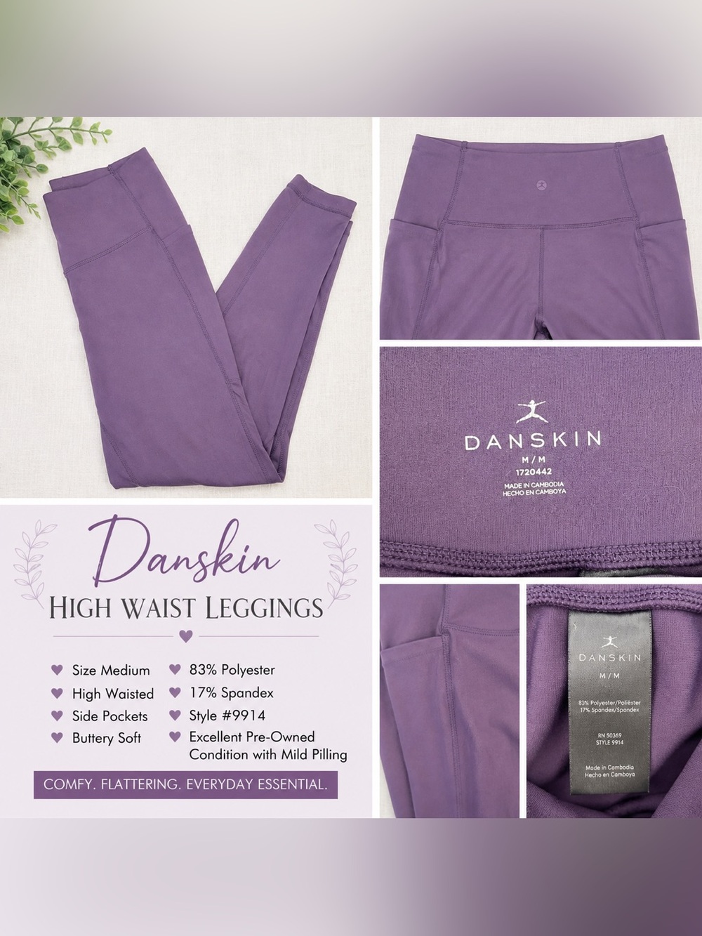 Danskin High Waist Buttery Soft Purple Leggings Side Pockets M